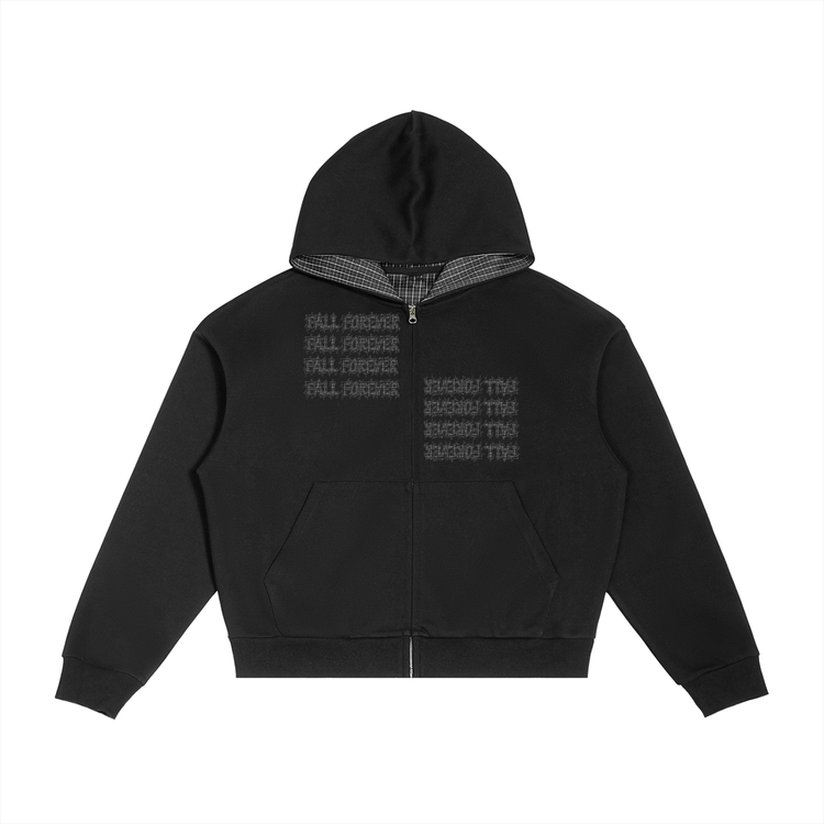 Contrast Plaid Boxy Zip-up "Fall Forever" Hoodie