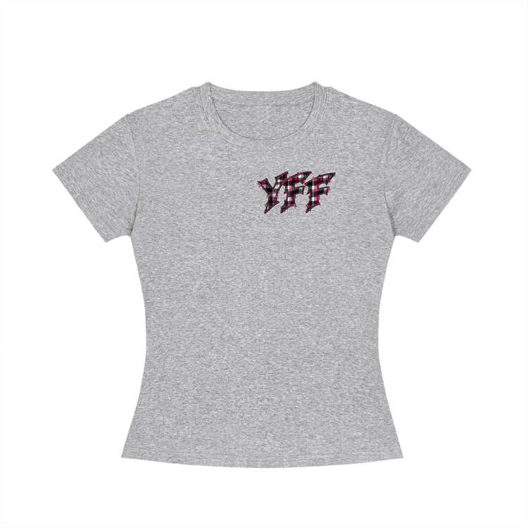 Women's Slim Fit Crewneck   “Fly Girls Only” pink flannel print T-Shirt