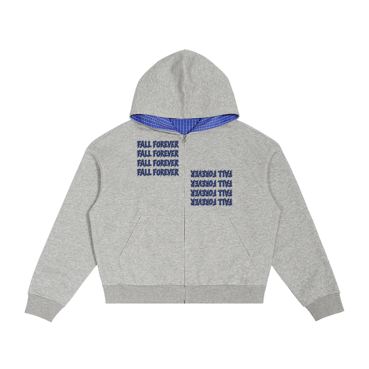 Contrast Plaid Boxy Zip-up "Fall Forever" Hoodie